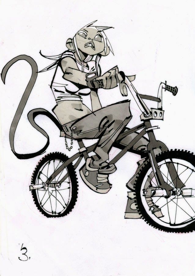 a black and white illustration of a cool cartoon girl with a monkey tail riding a bike. she has a trendy haircut and edgy style.