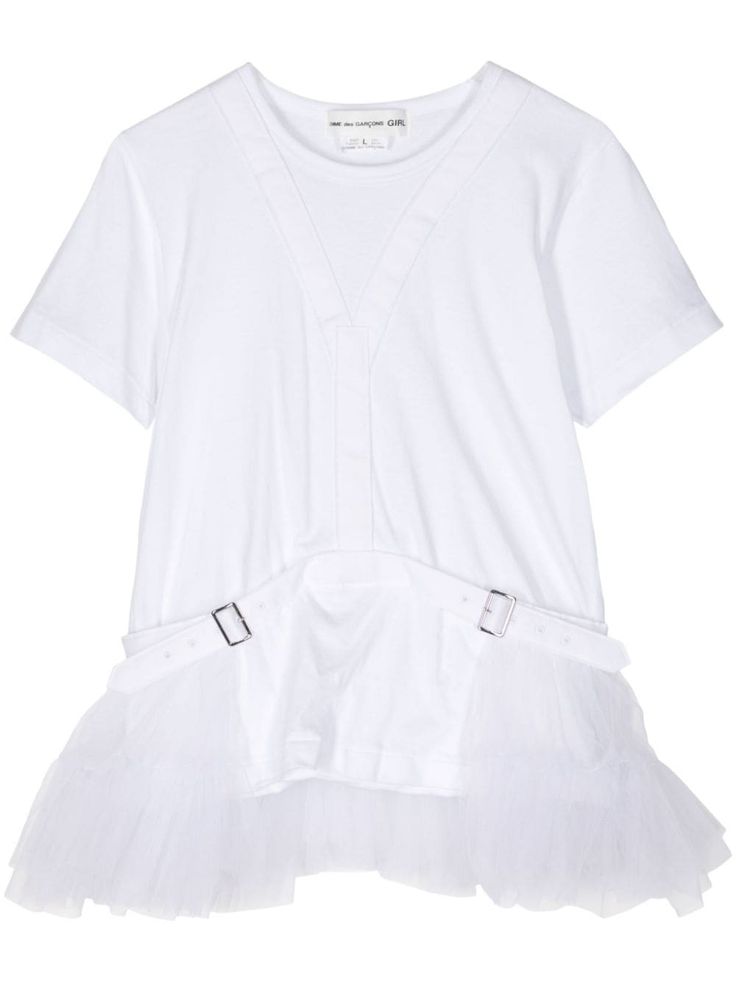 a white tshirt dress with a tulle ruffle hem. the dress is made of a soft, lightweight fabric and has a relaxed fit. it is perfect for a casual summer look or a more dressedup occasion. the tulle ruffle adds a touch of whimsy and femininity. the dress is photographed on a white background.