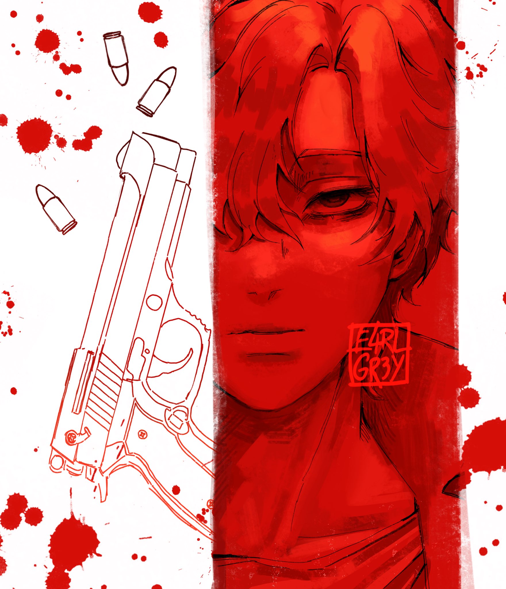 an illustration of a man with medium length hair, drawn in a stylized anime aesthetic. the entire composition is bathed in a red monochrome palette. beside him, a detailed outline of a pistol is juxtaposed against a white background splattered with blood. the man's expression is neutral, but the overall imagery evokes a sense of danger and violence.