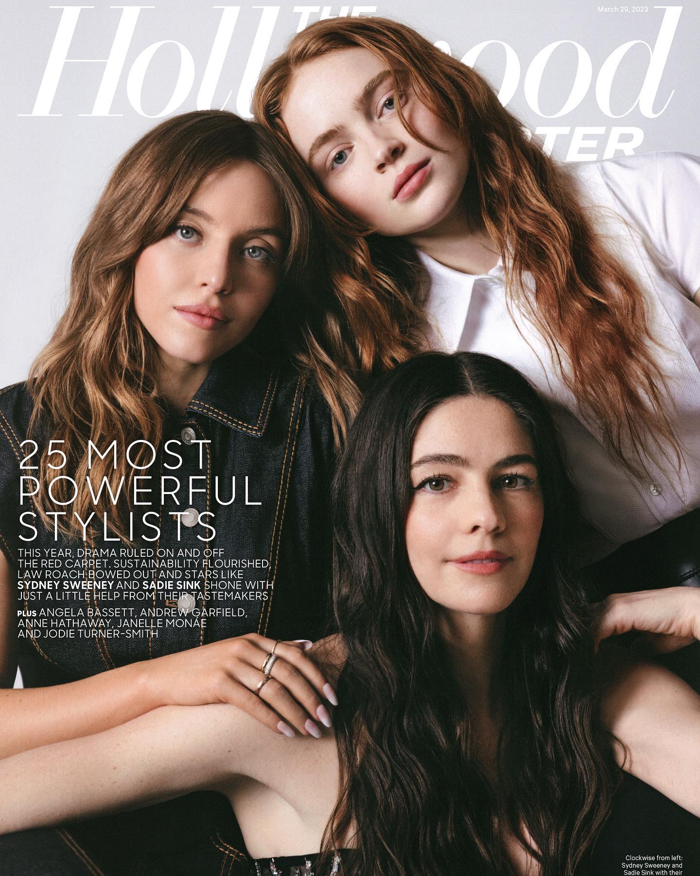 he cover of the hollywood reporter magazine, dated march 29, 2023, features three young actresses: sydney sweeney, sadie sink, and a third unidentified woman.  the headline proclaims "25 most powerful stylists," highlighting the influence of stylists in the entertainment industry. the actresses are styled in a contemporary and sophisticated manner, consistent with a fashion magazine theme. the background is simple, drawing focus to the talent. the overall tone is glamorous and representative of the hollywood industry.