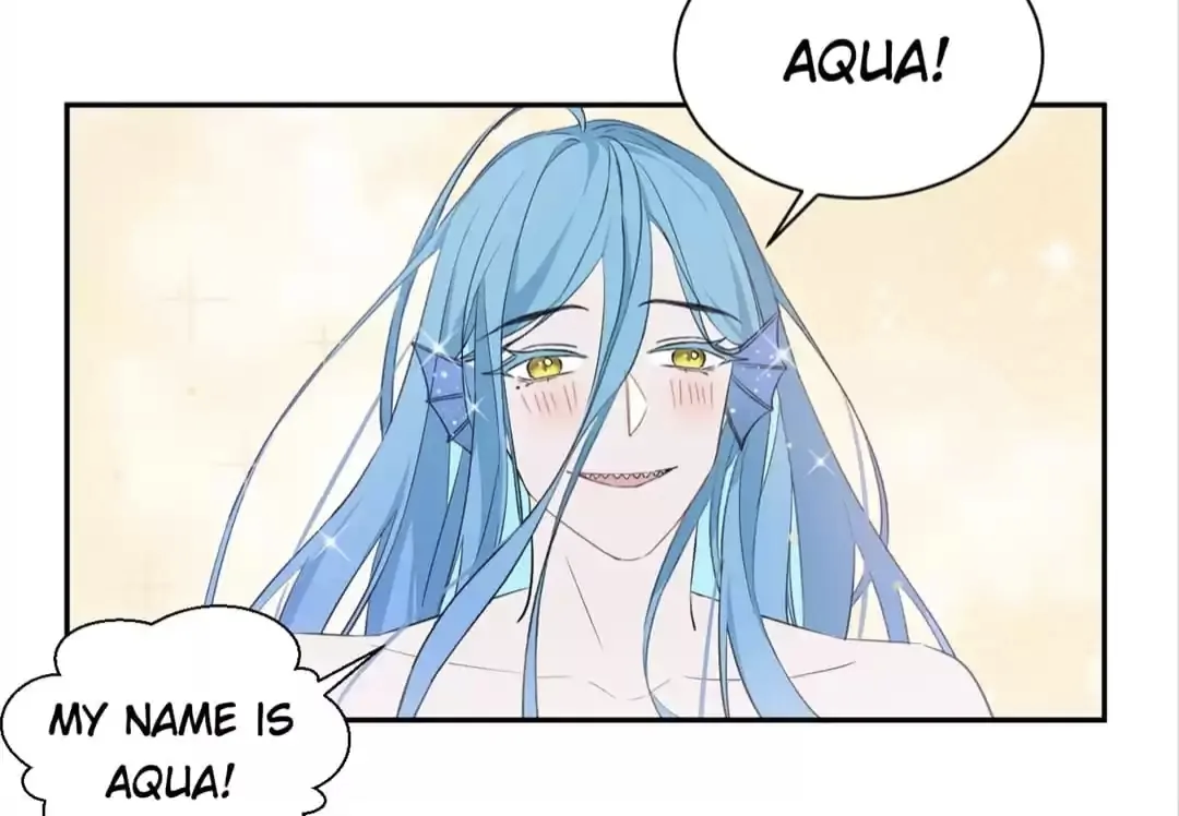 the image is a mangastyle illustration featuring a mermaid character named aqua.  aqua has long, flowing light blue hair, and her skin has a pale, almost translucent quality. she has large, expressive golden eyes and a gentle smile.  she is wearing a simple, barelythere top that hints at her mermaid tail, which has delicate finlike details. the background is a light yellowpeach color. two speech bubbles above and below aqua state her name, "aqua!". the overall style is soft and dreamy, suggestive of a fantasy or magical setting.