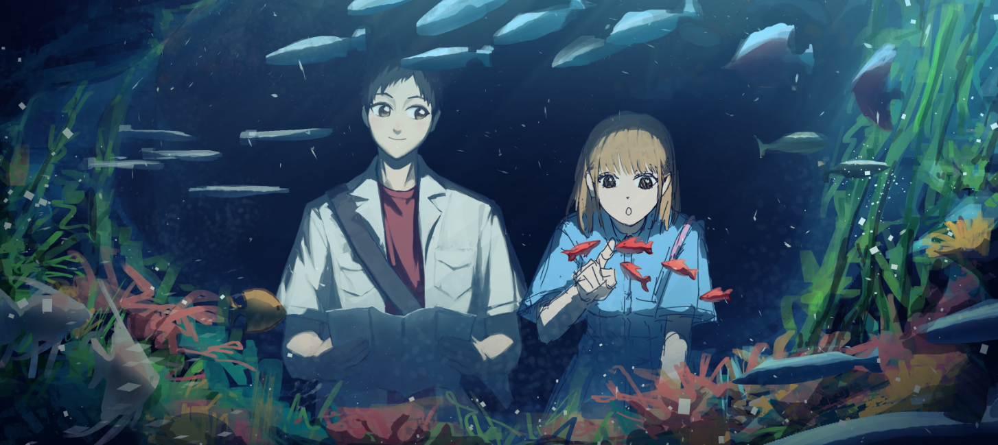 he image is a digital painting or illustration in an anime style, depicting a young couple at an aquarium. the girl, with shoulderlength blonde hair, is pointing at a school of small, red fish. the boy, with short brown hair, is looking at a map or guide. they are surrounded by various types of fish swimming in the dark, underwater setting, with some coral and seaweed. the overall mood is romantic and serene, showcasing the couple's shared experience of exploring the underwater world. the art style is characterized by soft brushstrokes and a blend of realistic and stylized elements.
