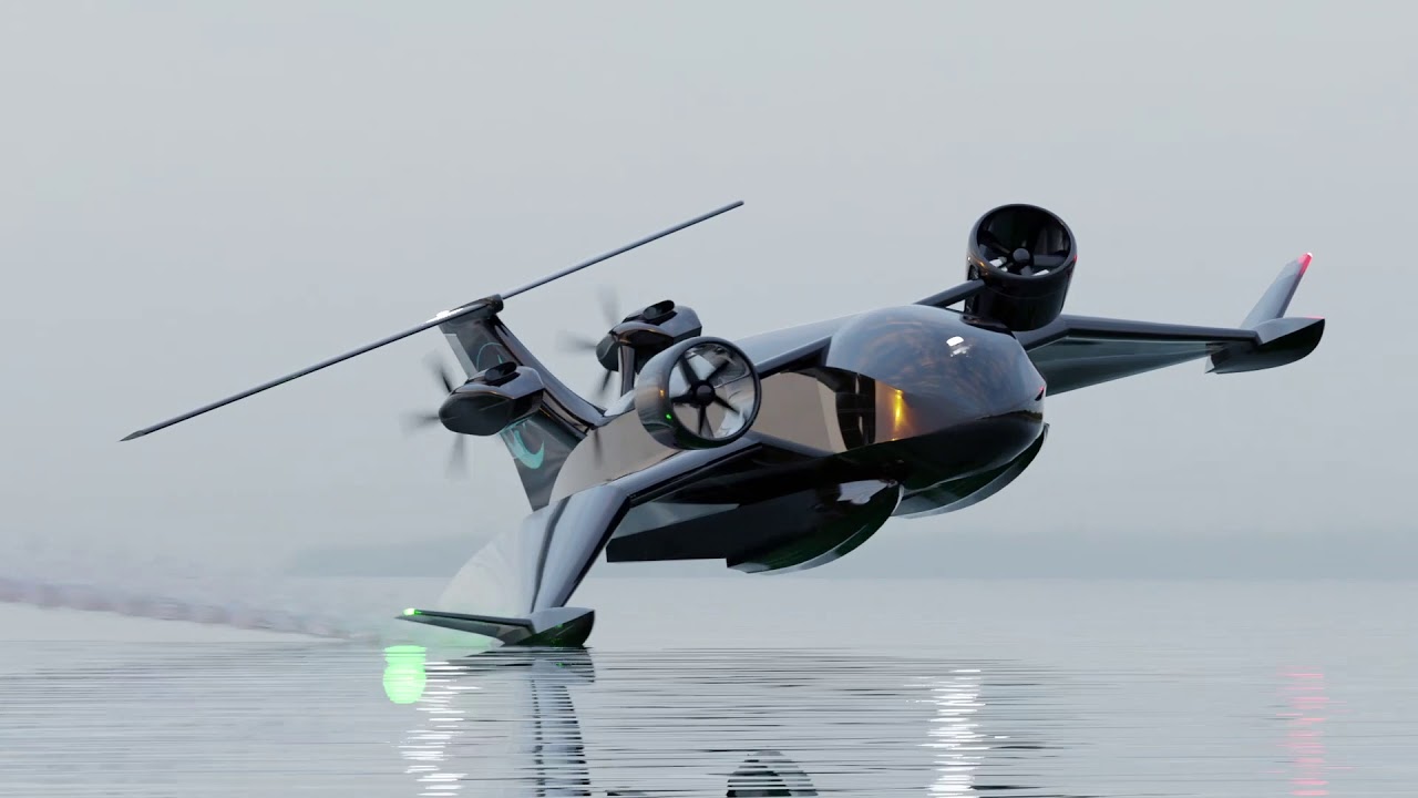 a futuristic flying car, resembling a seaplane, lifts off from the water, leaving a trail of mist. the aircraft has a sleek black design with prominent propellers and a unique wing configuration. it represents a vision of future transportation, blending aviation and automotive technology.