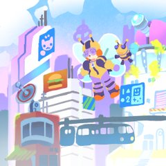 the image showcases a whimsical, pastelcolored futuristic city. two beethemed robots, possibly characters, are prominent in the foreground, seemingly in flight. the city is a blend of towering structures with quirky details like antennas, signs, and a glimpse of a burger joint. a futuristic tramlike vehicle travels along a track in the midground. the overall feel is lighthearted and vibrant.