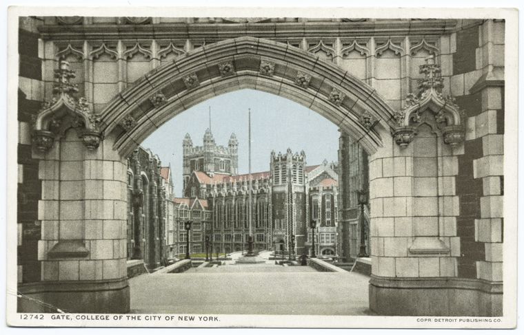 an old postcard image depicts a grand archway framing a view of the college of the city of new york. the archway is constructed of stone blocks and features intricate gothicstyle details. through the arch, a series of imposing brick and stone buildings with towers are visible. the scene is bathed in a sepia tone, suggesting an antique aesthetic.