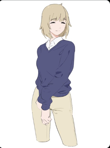 a young woman with short blonde hair and brown eyes is standing with her hands clasped in front of her. she is wearing a blue sweater, a white collared shirt, and tan pants.  she is smiling with her eyes closed. the background is white.