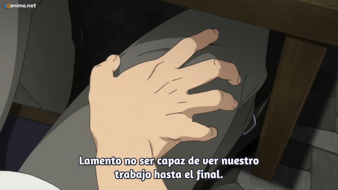 a cartoon drawing of a fairskinned hand resting on a pair of gray pants.  the fingers are slightly curled, and the hand appears relaxed. the image is zoomed in and focused on the hand and fabric. the text below the hand translates to, "i am sorry not to be able to see our work through to the end."