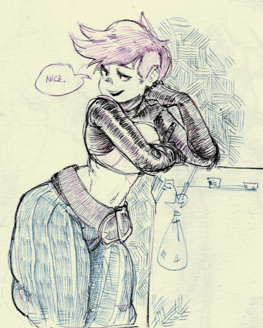 a cartoon girl with pink hair is leaning against a wall. she is wearing a black shirt, pants, and a belt. she has a smirk on her face and is looking away from the viewer. there is a speech bubble above her head that says "nice."