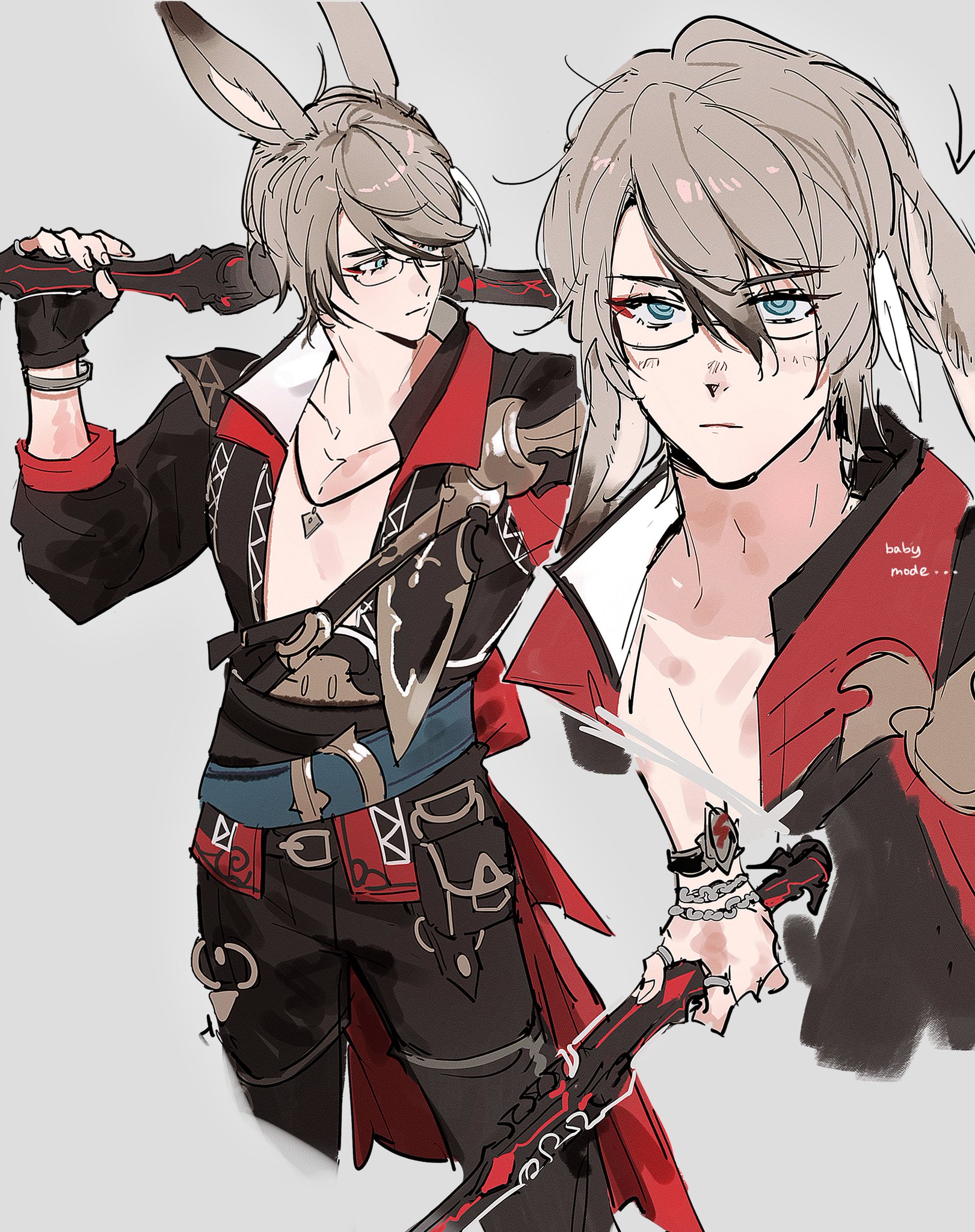 the drawing features an anime character with grey hair wearing a red coat and black pants holding a sword. he has bunny ears on his head and is wearing glasses. he looks very determined and ready to fight.  the character is also wearing a bracelet on his right wrist with a silver charm. the drawing has a very anime style and is done in a light and airy style with soft colors.  the background is plain white.