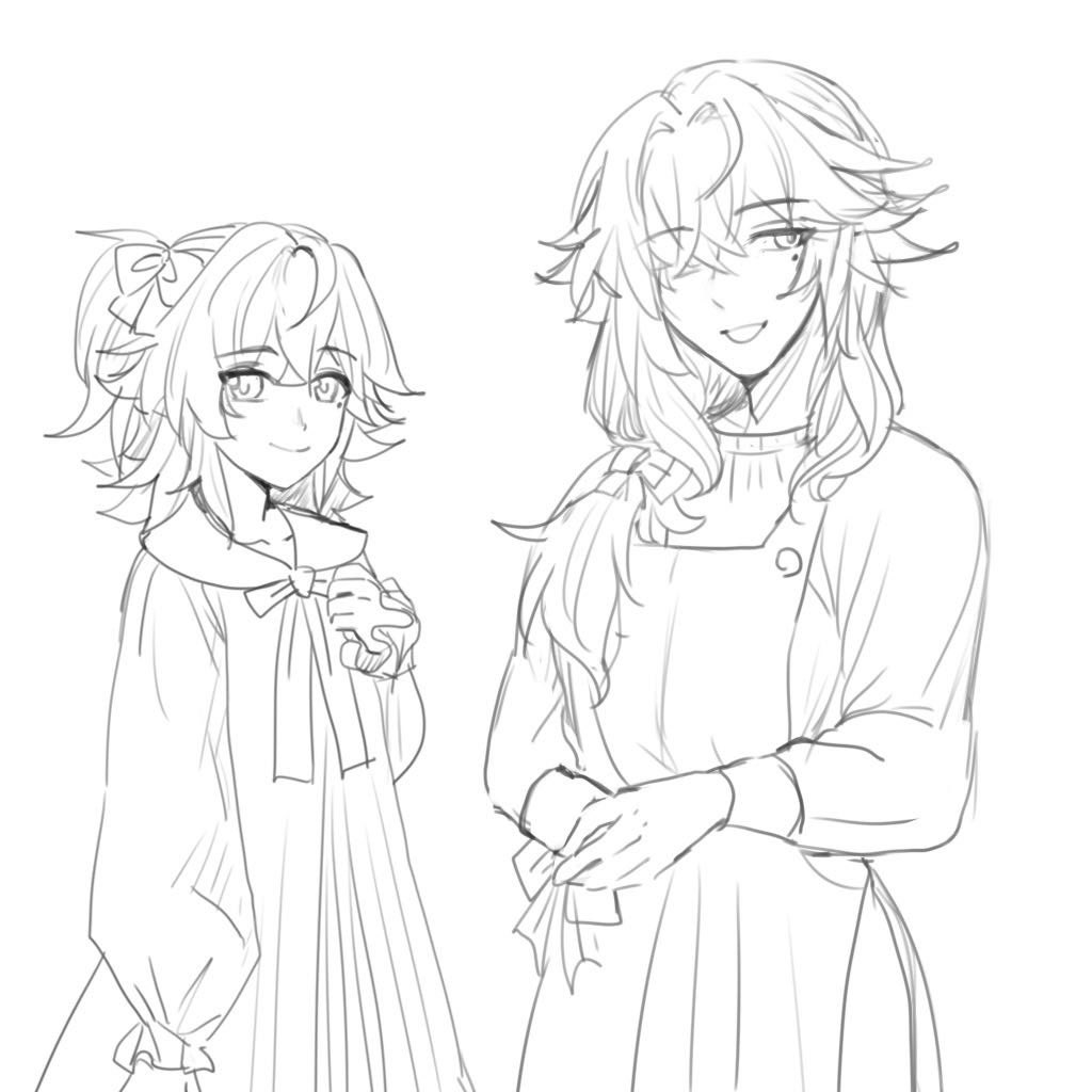 a sketch of two girls standing side by side. the girl on the left has short hair and a dress with a sailor collar and a bow. she is looking at the viewer and smiling. the girl on the right has long, wavy hair and is wearing an apron over a longsleeved shirt. she is looking to the side and smiling. the sketch is in black and white and the lines are fairly loose and sketchy.