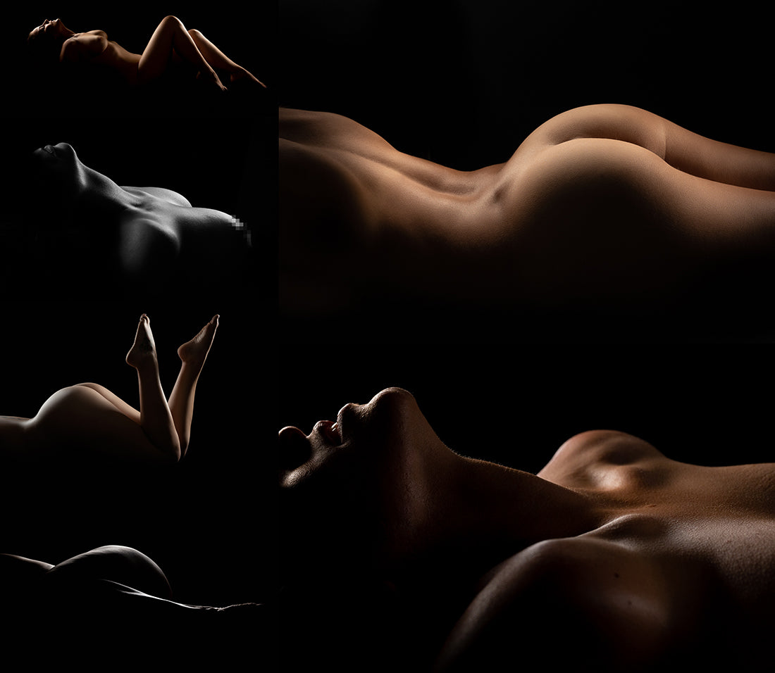 the image is a stylized collage of several photographs showcasing nude female bodies in various poses.  the lighting is dramatic and lowkey, using strong backlighting and shadows to create a series of silhouettes and highcontrast images. the poses are varied; some show the back and buttocks, while others feature the profile or a reclining figure. the overall aesthetic is sensual and artistic, with an emphasis on the form and shape of the female body. the dark background isolates the subjects, drawing focus to their form and curves. the collage presents a series of intimate portraits exploring different aspects of the nude female form.