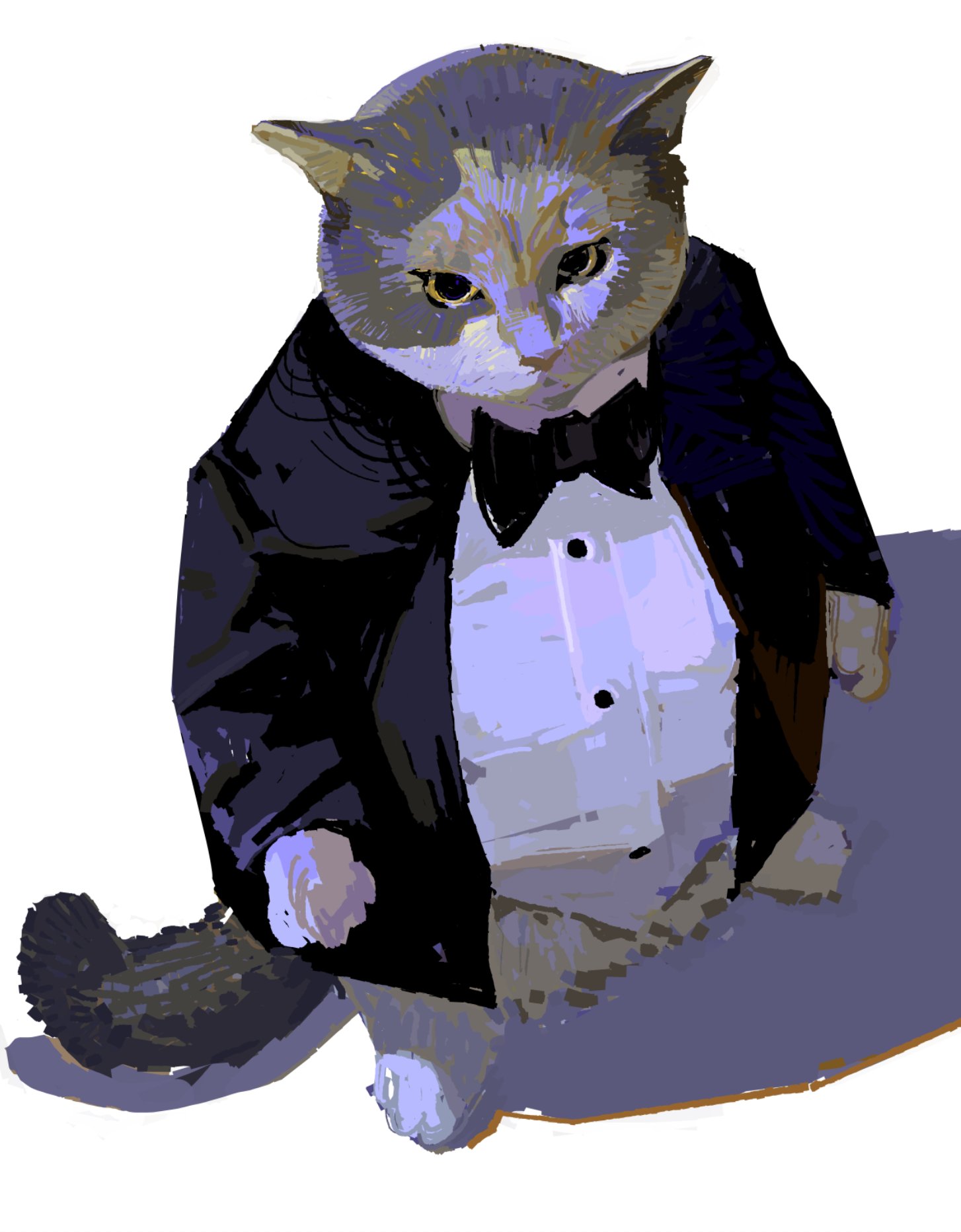 a closeup portrait of a cat wearing a black tuxedo and a bow tie. the cat is sitting with its front paws crossed and its tail wrapped around its legs. it is looking at the camera with a serious expression. the background is a blurry purple and brown color.