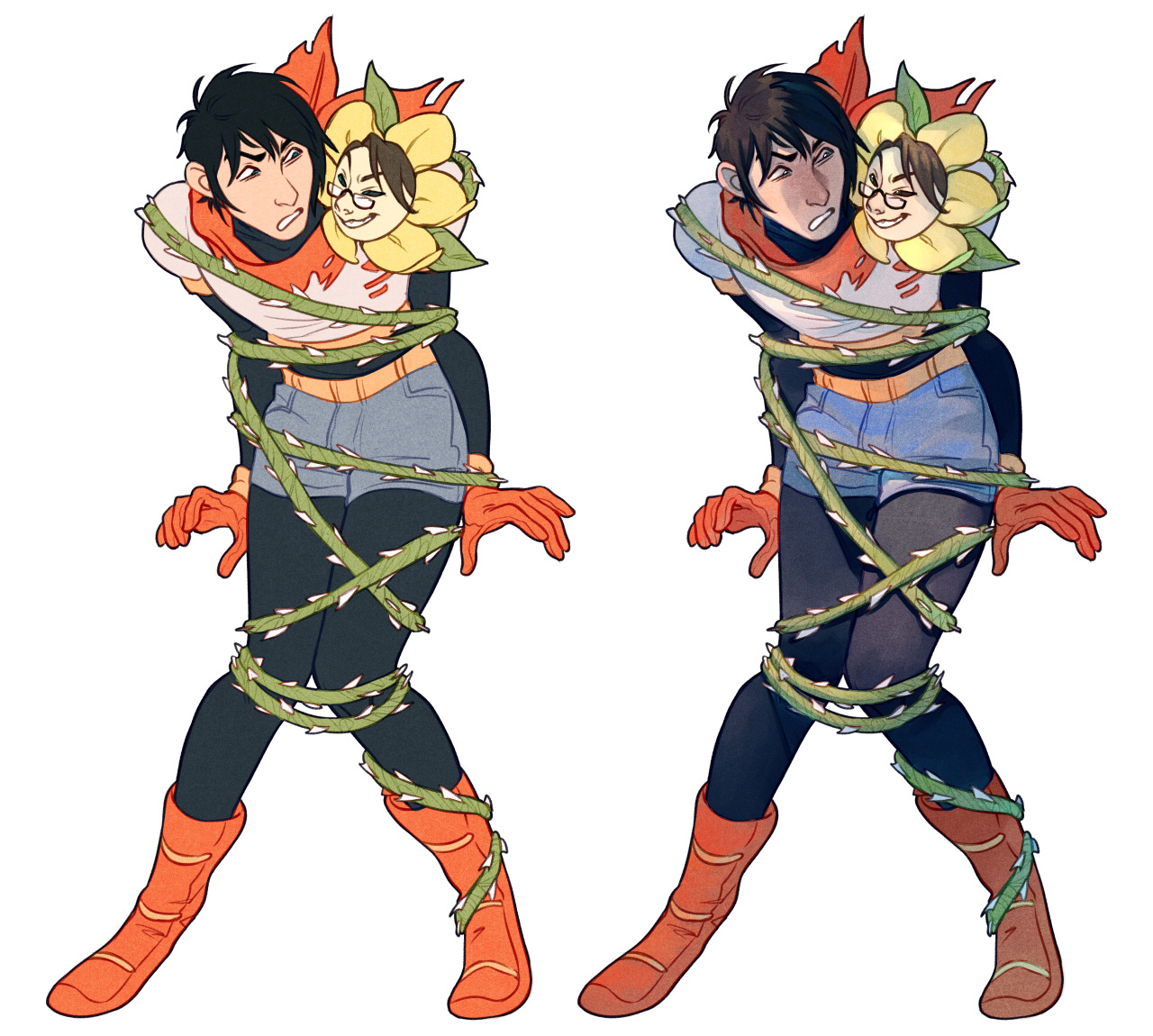 this is a twopanel image. in each panel, a malepresenting human character with short dark hair and brown eyes is tied up by thick green vines covered in thorns. a small yellow flower with a large white smile is growing from the center of his chest, also seemingly stuck. the character's eyes are wide with fear, eyebrows furrowed, and mouth open as if he is calling for help. he wears a red scarf, a light blue shortsleeved shirt with two white stripes across the chest, jean shorts, long black leggings, and red boots. the image on the right is identical to the one on the left, though it uses less saturated colors and more dramatic shading.
