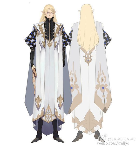 this is a digital illustration of an anime character design. the male character is an elf with long blonde hair, blue eyes and a white robe with gold trim. the robe has a long cape and the character has an ornate design on their robe. the background is white and the character is facing front and side on.