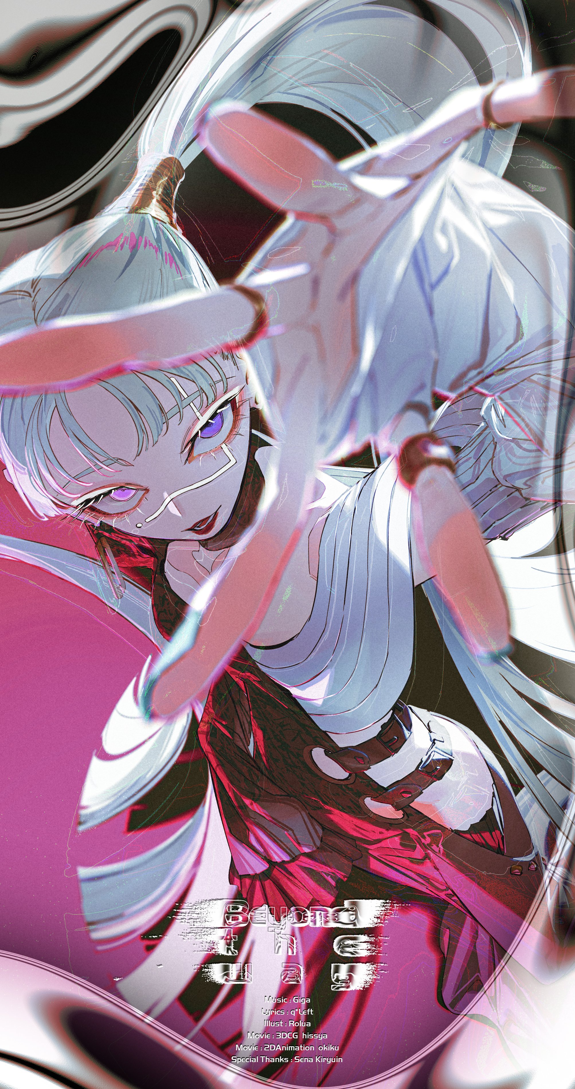 this is a digital illustration of an anime girl. she has long white hair and is wearing a white, red and black outfit. her eyes are blue and she has a red background. the background is abstract with digital elements. the illustration is vibrant and colorful.
