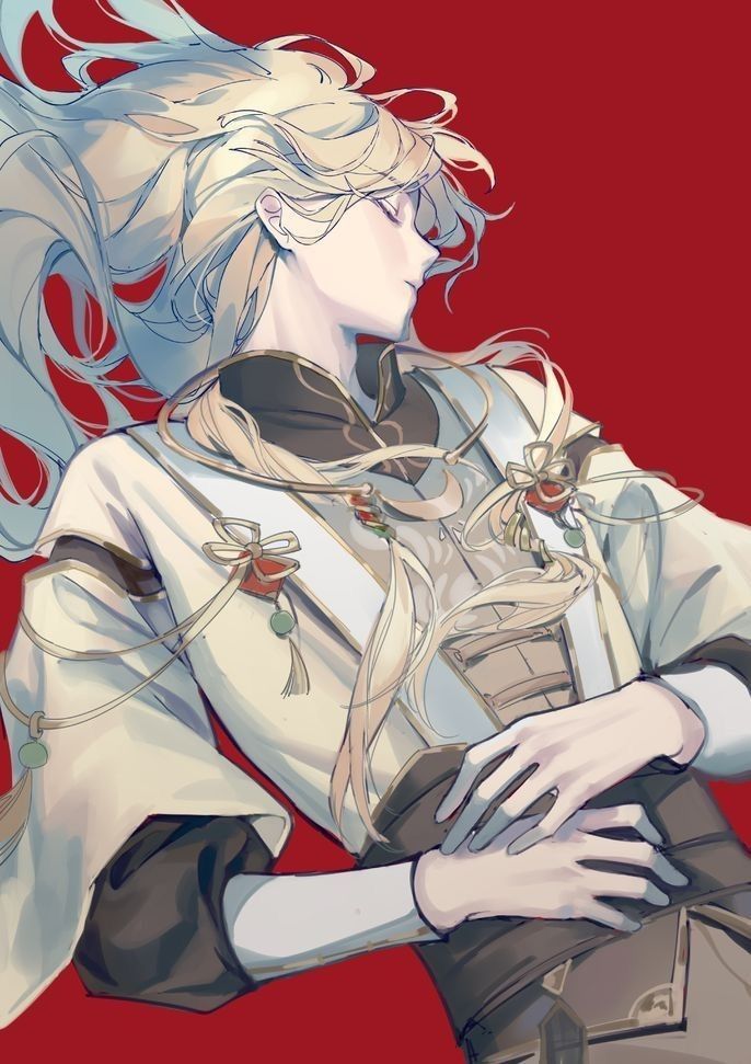 a digital illustration of a fairskinned, whitehaired male character with closed eyes, wearing traditional clothes with ribbons and tassels, against a red background. his hands are crossed in front of him.