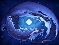 the image depicts two blue dragons intertwined in an ouroboros formation, enclosing a night scene with a full moon and stars. the dragons are detailed with scales and flowing manes, and the inner space includes stylized waves. the overall tone is magical and fantastical.
