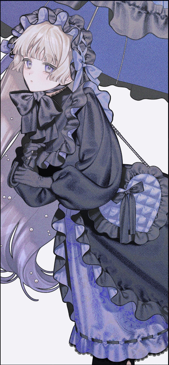 an anime girl with long white hair wearing a blue and black gothic lolita dress stands with her arms crossed, clutching a closed umbrella.  the image is cropped closeup, showing only part of the umbrella and her outfit.  the overall color palette is muted blues and purples.