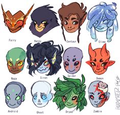 a digital illustration showcasing twelve distinct fantasy creature head designs arranged in a grid pattern. each design represents a different species or race, labeled below with names like "fairy," "harpy," "contour," "slime," "naga," "siren," "spider," "demon," "android," "ghost," "dryad," and "zombie." the characters are stylized with exaggerated features and expressive faces, using a vibrant color palette and bold linework.