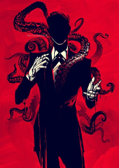 a shadowy humanoid figure, engulfed in darkness, stands against a deep red backdrop. its head is a void, featureless and black. it wears a sharp black suit, a stark contrast against the vibrant red. what draws the eye, and indeed adds a chilling element to the piece, are the tentacles. they emerge from the figure's back, appearing to be part of it, and wrap around its form. the tentacles are rendered in the same inky black as the figure, their details highlighted against the red background.