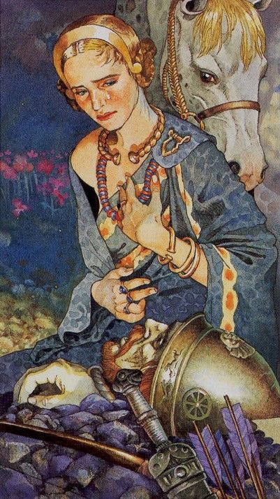 the image is a painting or illustration depicting a woman in medieval or ancient clothing, dressed in a blue robe with gold accents, and wearing a gold headband and necklace, sitting beside a white horse.  she is visibly distraught, crying, and appears to be mourning the death of a warrior, as evidenced by a fallen helmet and arrows at her feet.  the woman's pose and expression convey deep sadness and loss. the overall tone of the artwork is dark and moody, emphasizing the emotional weight of the scene. the detail in the clothing, jewelry, and weaponry suggests a historical or mythological setting.
