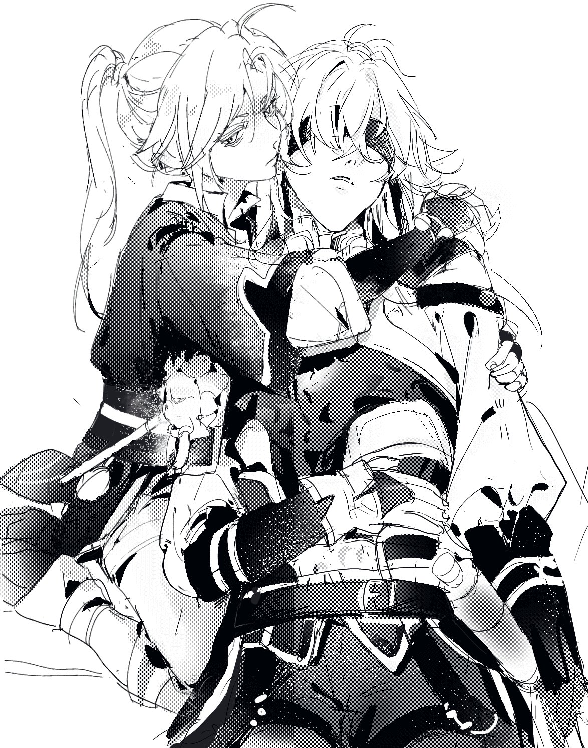 this is a black and white mangastyle illustration of two anime characters. the female character on the left is embracing the male character on the right.  the female character has her arm around the male's shoulders and her face is close to his. the male character is looking away from the camera, and the female character is looking towards the camera.  they are both wearing clothing, and the illustration is done in a very detailed style. the image is set against a white background.