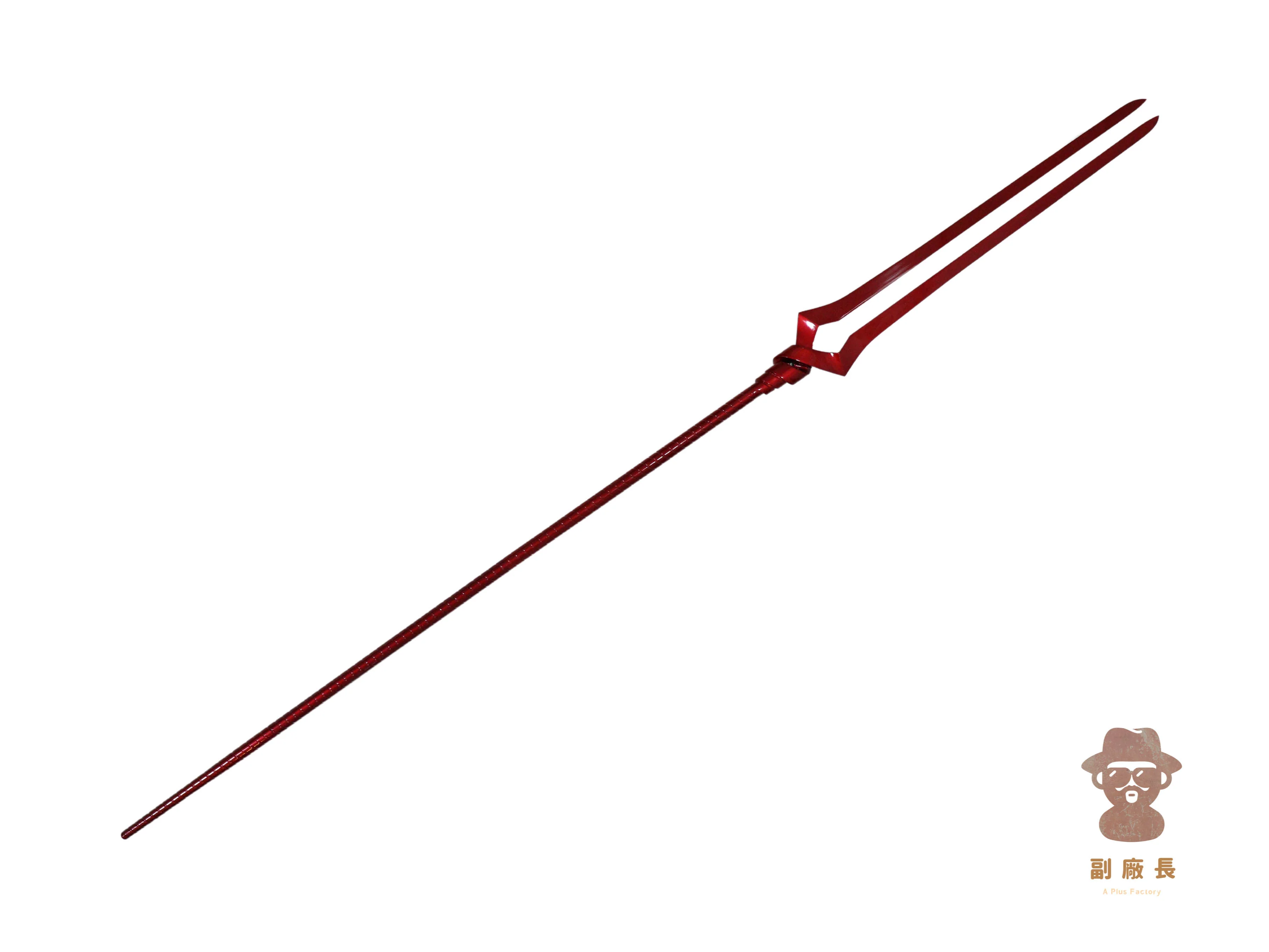this image is of a red spear. the spear is long and thin with a sharp point and a handle. the spear is made of metal and has a red finish. the spear looks like something that could be used in fantasy video games.