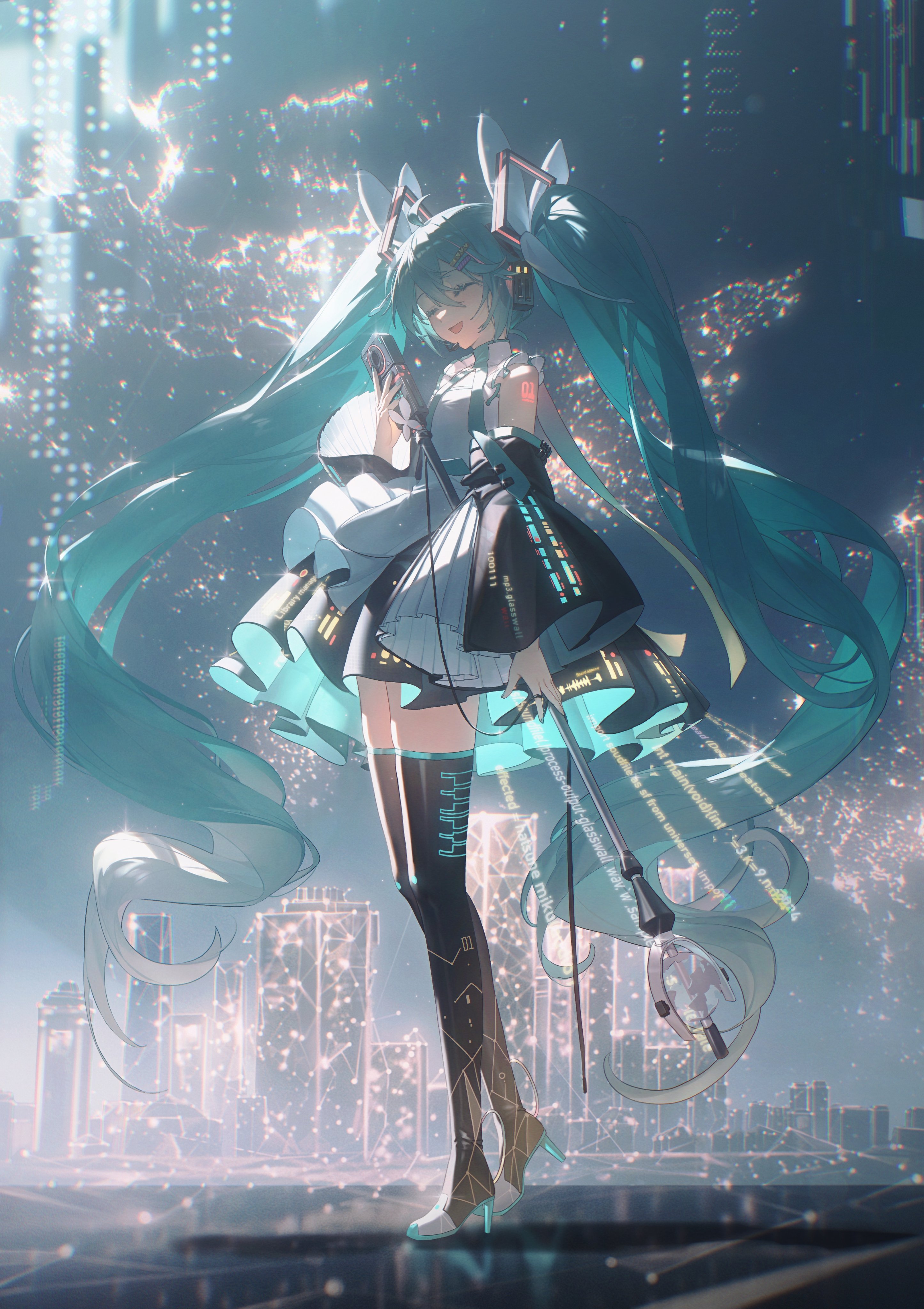 the image is a digital fanart depicting hatsune miku, a popular vocaloid character, in a stylized, futuristic setting.  miku is depicted with her signature long turquoise twintails, wearing an elegant, partly translucent dress with black and teal accents that seem technologically inspired.  she holds a microphone and is posed as if she's singing on a stage. the background is a blurry but detailed cityscape at night, filled with sparkling neon lights and a sense of energy and movement that enhances the fantastical and magical atmosphere of the image.  the overall style is highly polished and visually appealing, using soft lighting and contrasting colors to highlight miku and create a captivating scene.