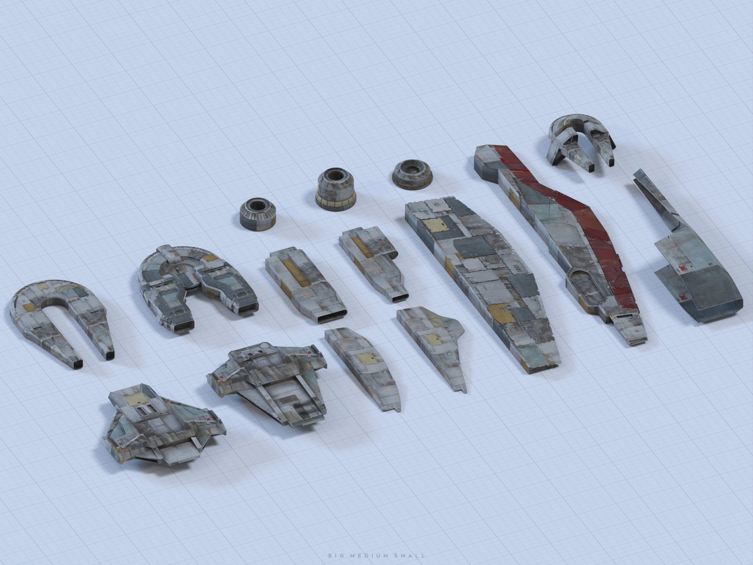 the image is a highquality 3d render depicting the various components of a disassembled star wars uwing spaceship. the parts are laid out in a seemingly organized manner on a gridded surface, resembling a schematic or blueprint view.  the uwing parts appear worn and damaged, suggesting either age or battle damage. the rendering style is highly realistic, with detailed textures and wear on each component. the sizes of the components vary, indicating a range of scale. the overall impression is one of a detailed examination of the spacecraft's construction or a scene depicting its breakdown for repair.