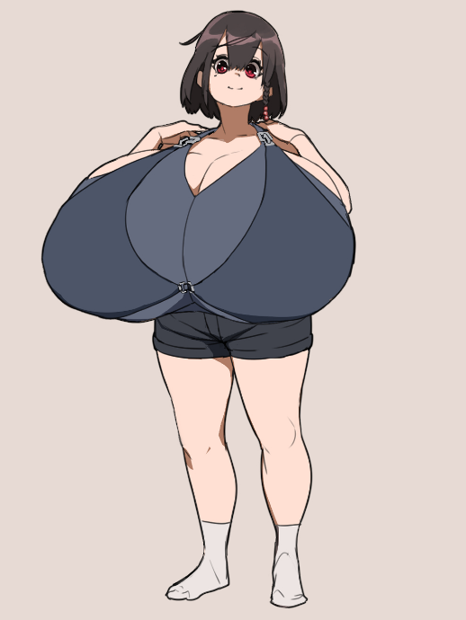 a cartoon anime woman stands wearing an oversized bra, shortsleeved top, shorts, and socks. she has short brown hair, red eyes, and is barefoot.