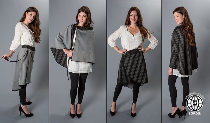the image shows four different poses of a woman modeling a versatile piece of clothing. in the first pose, the garment is worn as a wrap skirt, belted at the waist. the second pose displays the garment as a cape, worn over a longsleeved white top and black leggings. in the third pose, the garment is worn as an aline skirt with black leggings. the fourth pose displays the garment as a cape, worn over a longsleeved white top and black leggings. the woman wears black heels in each pose. the background is a plain gray. in the bottom right corner is an international designer ecuador logo.