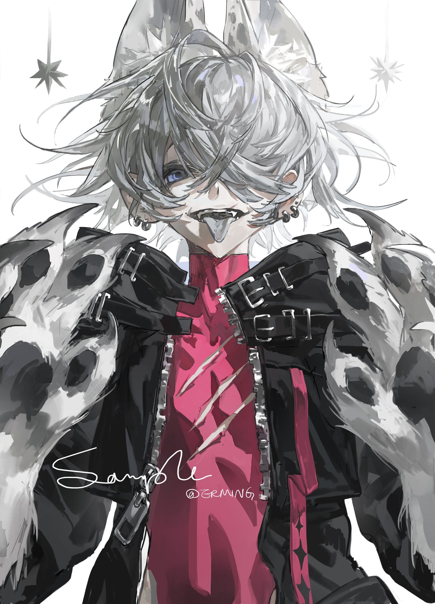 this is a digital art illustration of a furry wolf boy, drawn in an anime/manga style. he has white fur, white hair, black and white wolf ears, and a black and white wolf tail. he's wearing a black leather jacket with silver studs and zippers and a red shirt underneath. he also has several piercings and accessories. he's looking directly at the viewer with a slightly intimidating expression and his tongue sticking out.