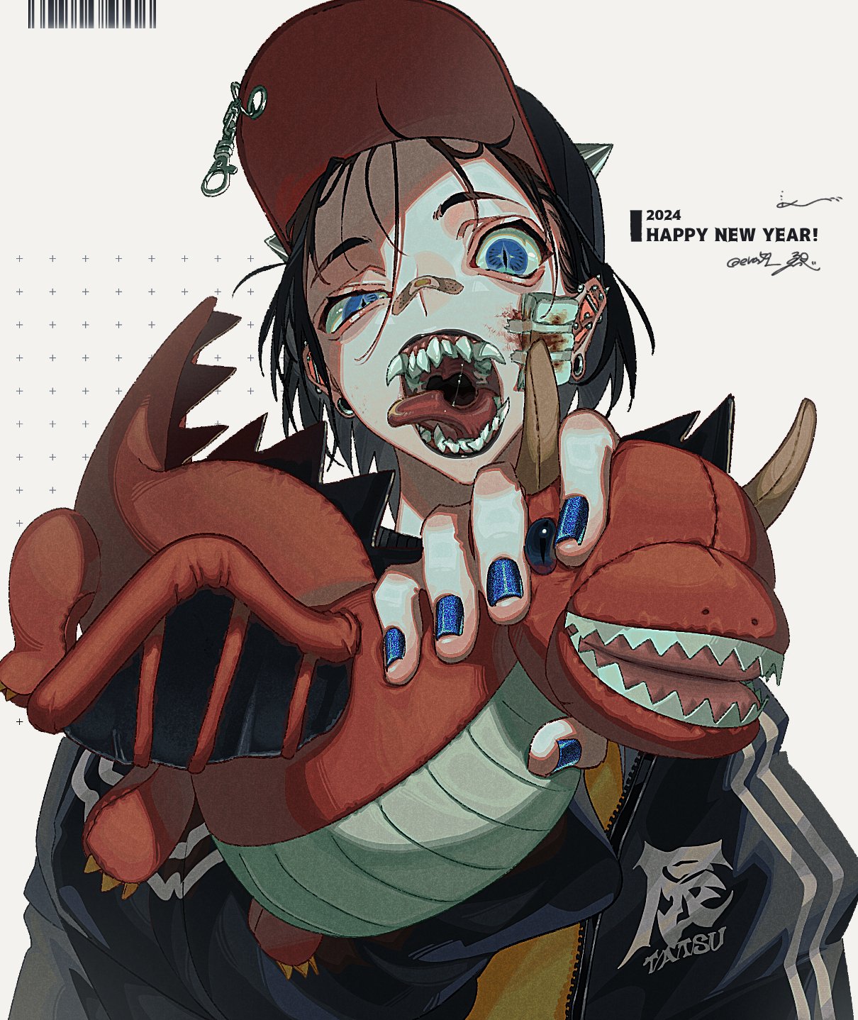 a digital illustration of an anime girl with a red cap, holding a red plush dragon toy.  she has exaggerated features, including sharp fangs and stitches on her face, and is painted in a dark, edgy style.  the background is simple, with a grid pattern and a "happy new year 2024" greeting. the girl's clothing features the kanji for "tatsu" (龍), which means dragon.  the overall aesthetic leans towards cyberpunk or gothic anime.
