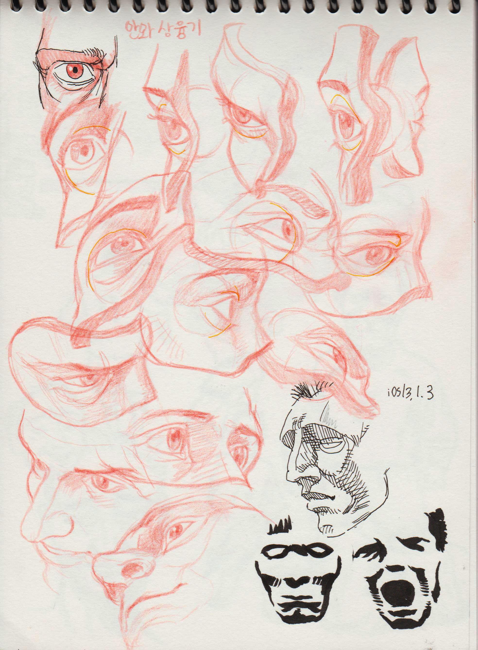 the image is a drawing of multiple human eyes, faces, and figures. the eyes are drawn in a variety of different styles and are spread throughout the page. the faces are drawn in a more abstract style, with some of the faces only partially visible. there is one more detailed drawing on the bottom right side of the image of a human face. it is drawn using pen and is a more realistic portrait. the image was likely drawn by hand and reflects the artist's study of the human form.