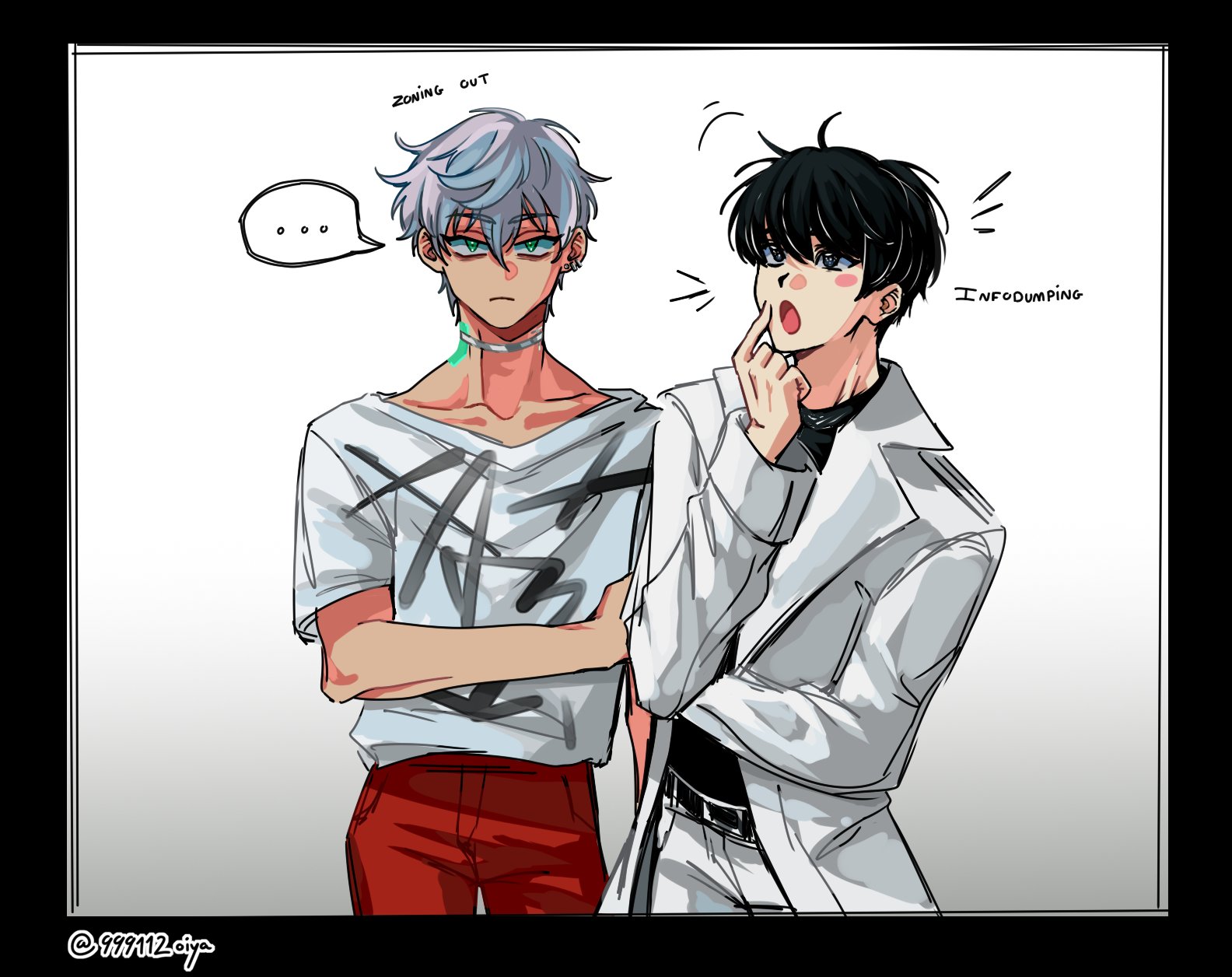 the image is a digital fanart in anime/manga style depicting two boys interacting. one boy with light blue hair is shown slightly apathetic and "zoning out," while the other boy, with black hair, is animated and engaged in what seems like an enthusiastic explanation or "infodump."  the boy with black hair is wearing a white coat and the other one is wearing a graphic tee and red pants. the illustration uses expressive facial features and speech bubbles to convey the characters' moods and actions. the artist's signature, 997112_ciya, is visible in the bottom left corner. the overall style is casual and slightly playful.
