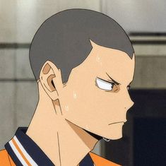 the image shows a digital illustration of tanaka ryuunosuke, a character from the anime and manga series haikyuu!!. he is shown from the shoulders up, turned to the side with a determined expression on his face. there are beads of sweat on his face and neck. tanaka has short buzzed grey hair and brown eyes. he appears to be wearing his orange and black karasuno high volleyball uniform. the background is a pale gray.  the overall style of the image is typical of anime and manga, with large eyes, exaggerated features, and vibrant colors.