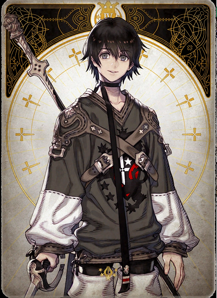 a stylized portrait of a young man with short black hair and blue eyes. he is dressed in a streetwearinspired outfit with fantasy elements, including a hoodie, armor pieces on his shoulders and waist, and a heart emblem with a cross on his chest. he holds a sword in his right hand and a staff in his left, both adorned with intricate details. the background features a decorative frame reminiscent of tarot cards, with crosses and circular patterns. the overall color scheme is primarily grayscale with hints of sepia.