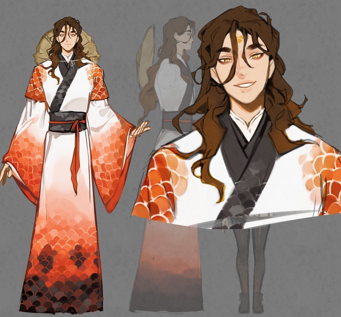 the image showcases a digital illustration or concept art of a male character. the character is depicted in a stylized anime/manga style, dressed in an elegant, flowing kimono or haori featuring a striking orange and black scale pattern (reminiscent of koi fish). the kimono has wide, long sleeves and a dark obi. the character has long, wavy brown hair and golden eyes. the image includes multiple views of the character: a full body view from the front, a threequarter view from the side, and a closeup view of the face and upper body. the background is a simple, neutral gray. the overall style is highly polished and artistic, suggestive of character design for a game, animation, or book.