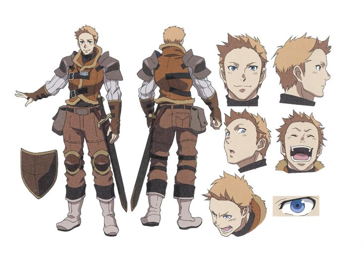 this image shows a character design for a male anime character. the character is shown from multiple angles, including front, back, and side views. the character has blond hair, blue eyes, and is wearing brown armor and carrying a sword and shield. the character is shown with different expressions, including smiling, surprised, and angry. there is also a closeup of the character's eye.