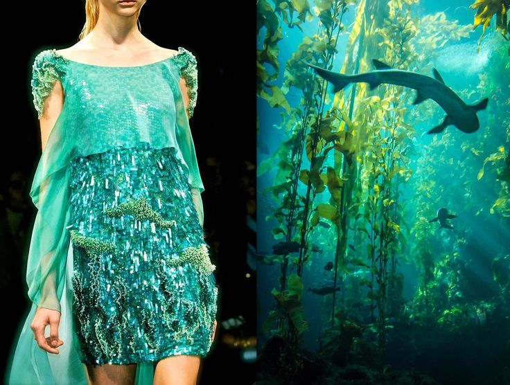 a fashion model wearing a shimmering green dress with a flowing chiffon overlay. the dress is designed to resemble the ocean, with its intricate details and sparkling sequins mimicking seaweed and coral.  the model is posed against a backdrop of an underwater scene, featuring kelp forests and a shark swimming gracefully through the water. this image showcases the beauty and inspiration found in nature, with the dress serving as a stunning representation of the ocean's allure.