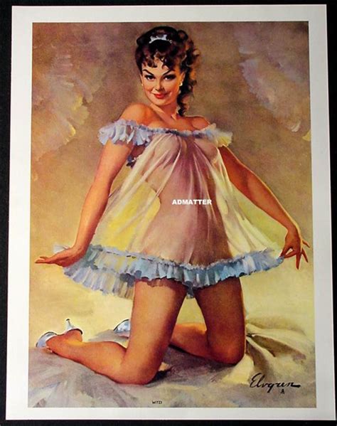 a vintage pinup style painting of a beautiful woman kneeling in a sheer nightgown with blue lace trim. she is looking at the viewer with a coy expression. the style is reminiscent of 1940s1950s pinup art, and the painting is signed "elvgren."  the image is presented as a poster or print, with the "admatter" watermark visible. the background is a soft, muted palette.  the woman's pose and attire are clearly designed to be sexually suggestive.