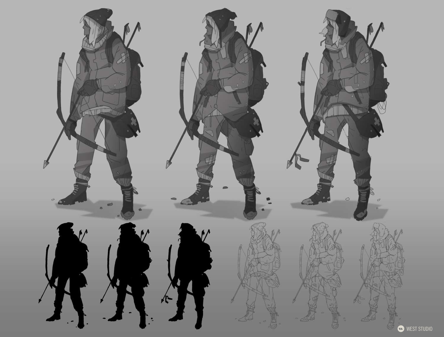 the image showcases three iterations of a female character concept, likely designed for a video game or animation. each version of the character is presented in a slightly different pose, highlighting her attire and equipment. she is depicted as a young woman with a weathered appearance, suggesting a life of hardship and survival. she is armed with a bow and a quiver full of arrows, emphasizing her resourcefulness in a postapocalyptic setting. her clothing is ragged and layered, practicality over style.