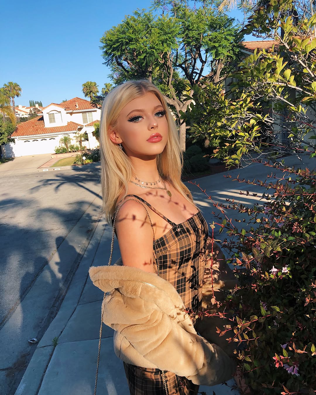 a young woman with blonde hair is standing on a sidewalk in front of a house and trees. she is wearing a plaid dress and holding a fur jacket over her shoulder. she is also wearing a necklace and earrings. the sky is blue and the sun is shining.