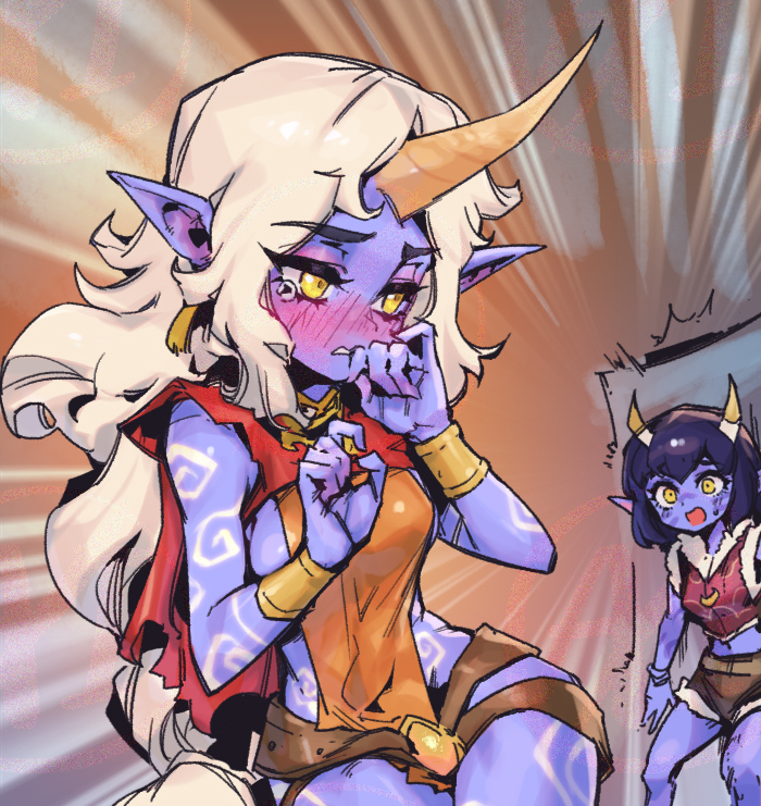 this is an animestyle illustration of a female demon with white hair, blue skin, and horns. she is blushing and looking shy.  she is wearing a red and orange outfit and a gold belt.  she is standing in a fantasy setting with a background of swirling lines and colors. there is another demon girl in the background, peeking at her.