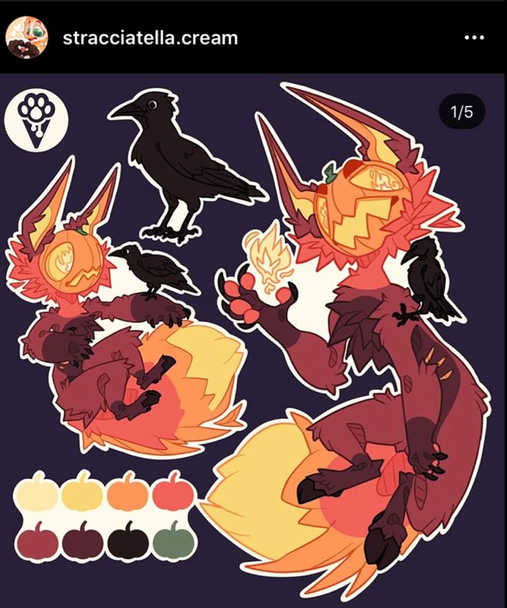 the image shows a character design by stracciatella.cream, featuring two foxlike creatures with pumpkin heads and crows. the creatures have a color palette of oranges, yellows, reds, and browns. one fox is sitting and the other is standing. one is holding a flame. a crow sits on each fox.