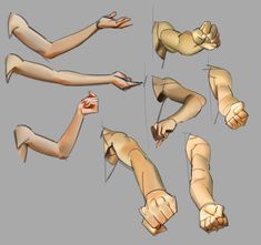 this image is a sketch page of various arm poses from different perspectives.  it is likely used as a reference for artists.