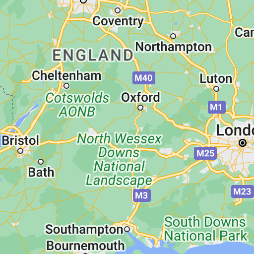 the image is a map of a region of england. it is a geographic map with markings of major cities, roads, and areas of interest. the background is green with yellow lines for roads and black text.