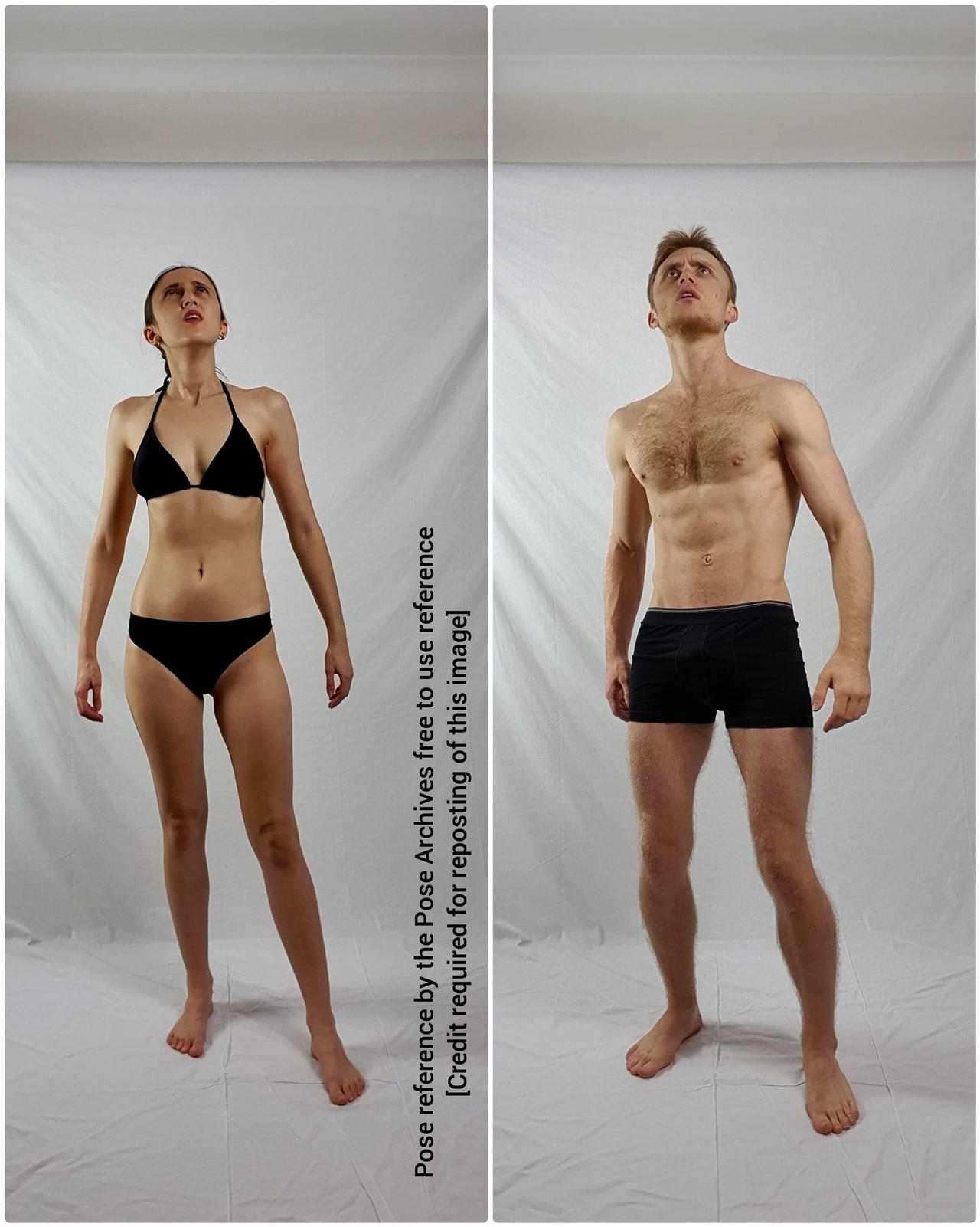 a man and a woman stand against a white background in a studio setting. the man is shirtless and wearing black boxer briefs, while the woman wears a black bikini. they both have a surprised expression on their faces and are looking upwards. the image appears to be a pose reference for artists.