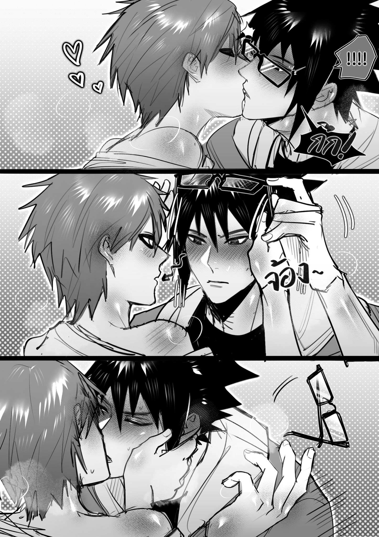 the image is a mangastyle illustration depicting several panels showcasing a romantic relationship between two boys.  the art style is black and white, with shading and linework creating a sense of intimacy.  the panels show the couple kissing, looking at each other lovingly, and interacting in a physically affectionate manner.  glasses are a prominent feature, with one of the boys frequently shown wearing them. the overall tone suggests a close, romantic, and potentially passionate relationship between the two characters. the style is suggestive and leans towards yaoi/boys' love genre.