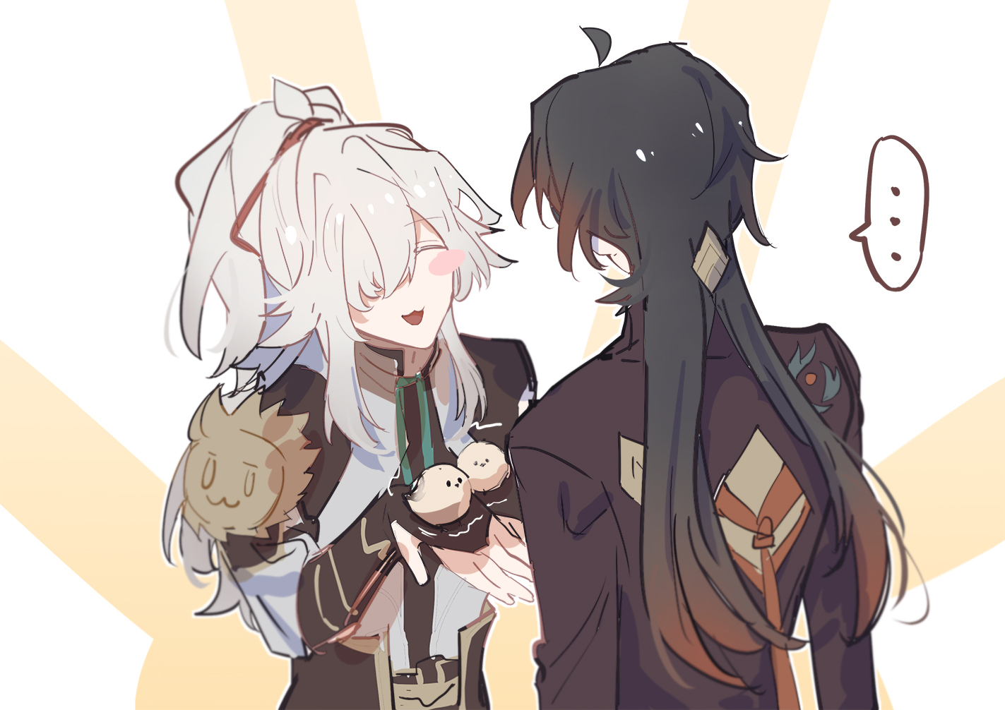 two anime characters are standing close to each other and smiling. the character on the left has white hair and is holding a snack for the blackhaired character on the right.  the blackhaired character is looking at the other character and smiling. there is a thought bubble above the blackhaired character.  the background has a sunburst effect.